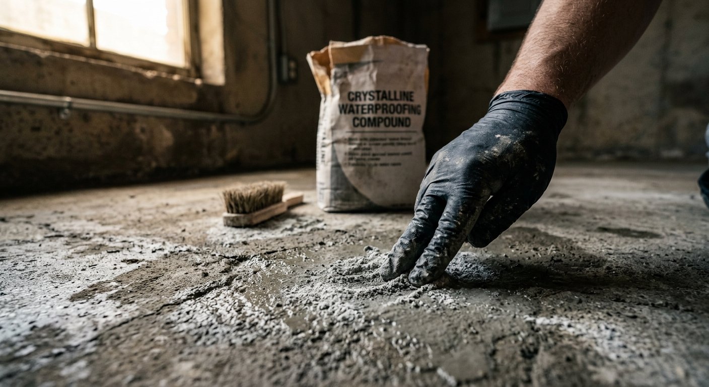 Gloved hand working crystalline waterproofing compound into a rough concrete slab surface with a stiff brush nearby