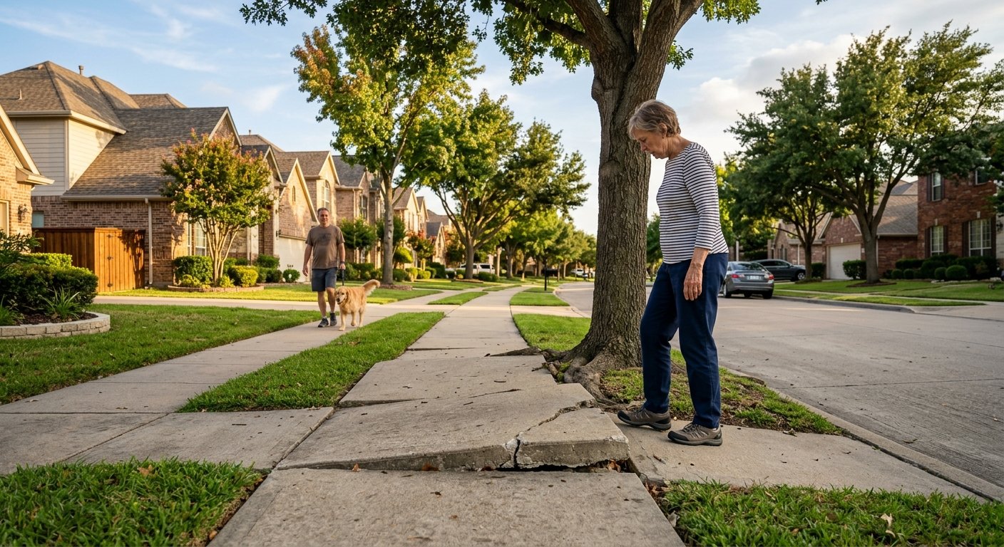 Older woman on a suburban sidewalk pausing at a raised, cracked concrete panel, with a man walking a dog in the background.