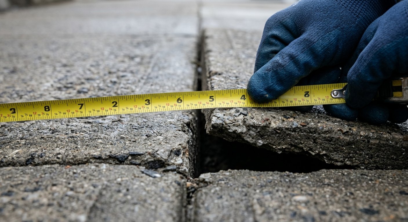 Gloved hand holding a measuring tape across a raised, cracked concrete sidewalk joint showing significant displacement
