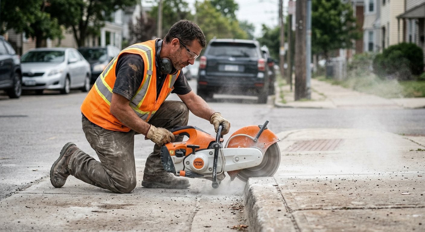 Male worker in safety vest kneeling on sidewalk, guiding a concrete cutting saw along a raised panel edge in midmorning shade